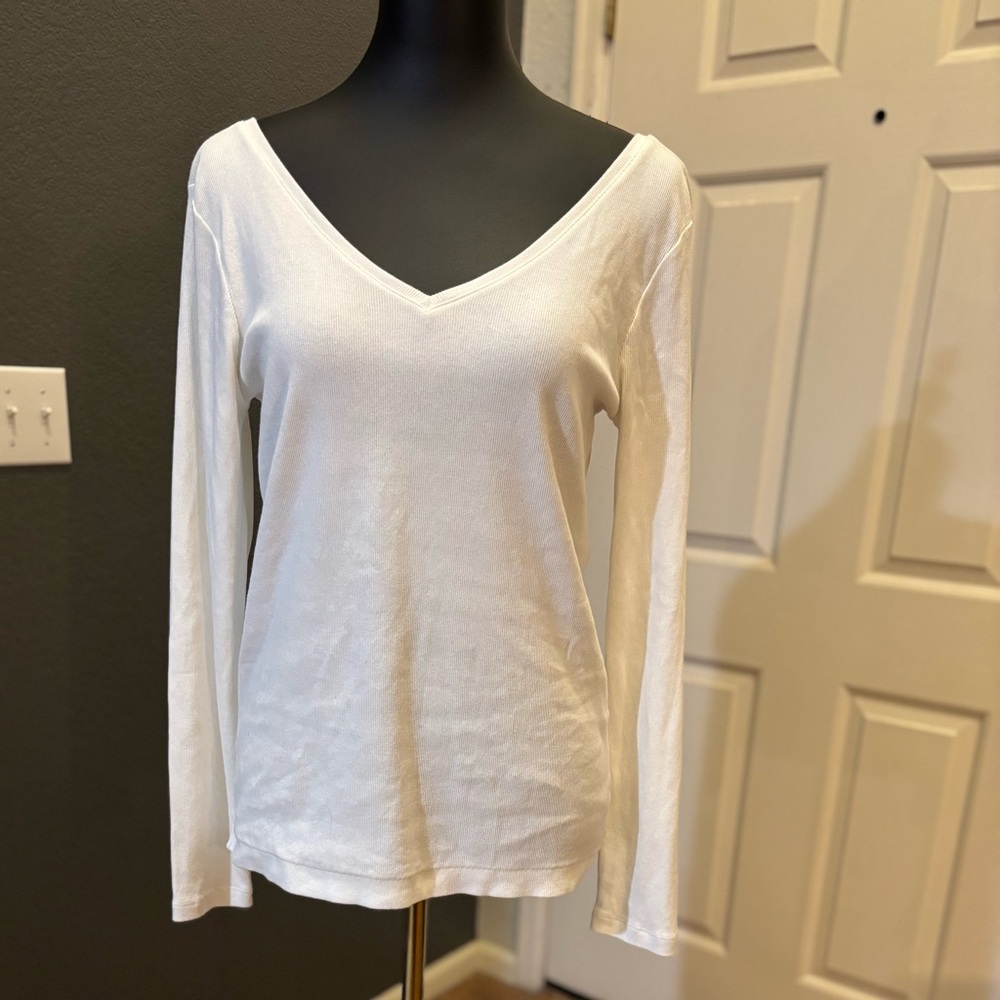 🕊️ GAP BODY EUC Ribbed Cotton Stretch V-Neck front/back Long Sleeve Tee